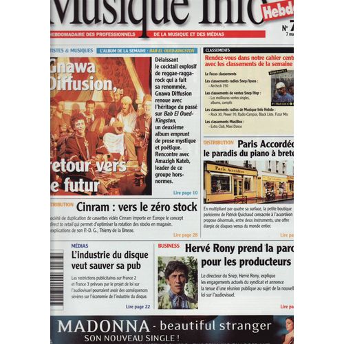 Musique Info Hebdo / 07-05-1999 N°77 : Madonna (Pub) - Francis Cabrel (1p) - Texas (1/2p) 