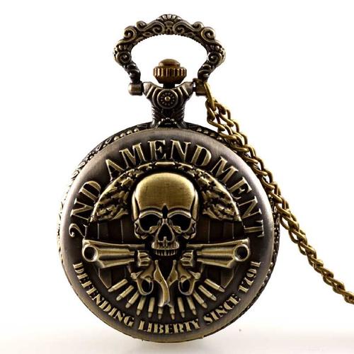 Montre À Gousset Rétro Ø 4,5 Cm - 2nd Amendement Américain Usa Tête De Mort / Skull Gun - Collier Sautoir Pendentif Western