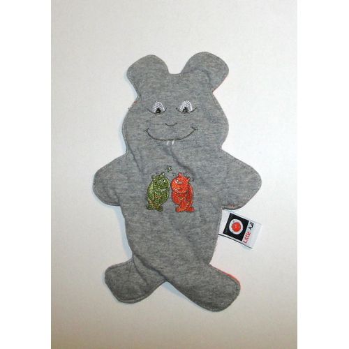 Doudou Plat Little Adl Monstre Gris Brodé Vert Et Orange