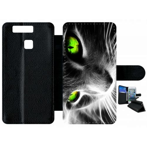 Etui À Rabat Huawei Ascend P9 - Chat Noir Et Blanc Yeux Vert - Simili-Cuir - Noir