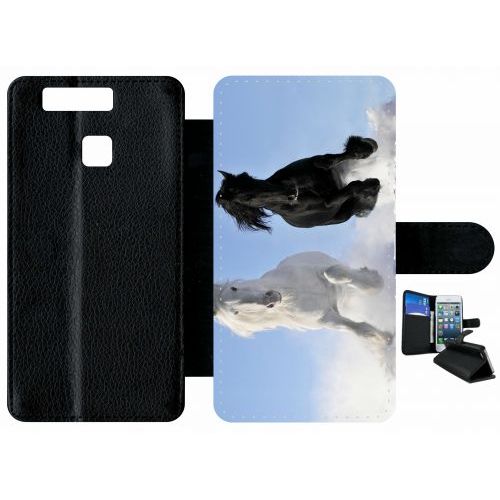 Etui À Rabat Huawei Ascend P9 - Chevaux Blanc Et Noir Dans La Neige - Simili-Cuir - Noir