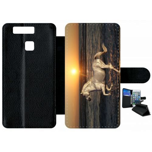 Etui À Rabat Huawei Ascend P9 - Cheval Blanc Couché De Soleil Sur La Plage - Simili-Cuir - Noir