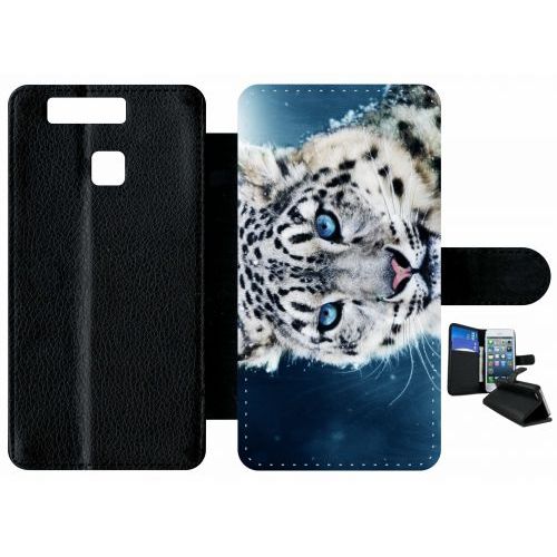Etui À Rabat Huawei Ascend P9 - Tigre Blanc Yeux Bleus - Simili-Cuir - Noir