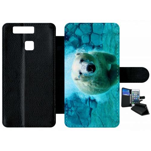 Etui À Rabat Huawei Ascend P9 - Gros Ours Blanc Plongee - Simili-Cuir - Noir