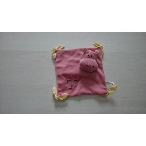 Doudou Tigex Hippopotame Plat Rose 4 Noeuds Jaune Pois Blanc Carre