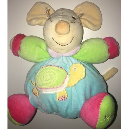 Doudou Peluche Boule Kaloo Souris Bleu Vert Rose ,Brodé Tortue 24 Cm, Queue 11 Cm