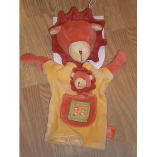 Doudou Peluche Plat Lion Löwe Collection Les Loustics Moulin Roty Marionnette Main + Doigt Tête Bébé Orange Comfort Blanket Comforter Soft Toys Naissance Jouet Eveil Brique Jaune Poche 