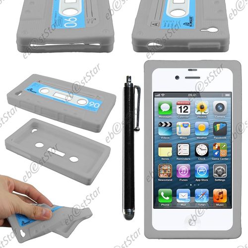 Ebeststar ® Pour Apple Iphone 4s, 4 - Housse Etui Coque Silicone Gel Motif Format Cassette + Stylet, Couleur Gris