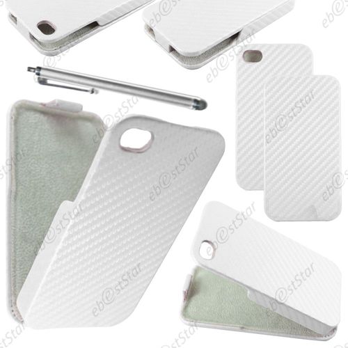 Ebeststar ® Pour Apple Iphone 4s, 4 - Housse Coque Etui À Rabat Revêtement Carbone + Stylet, Couleur Blanc