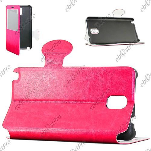 Ebeststar ® Film + Etui Flip View Cover Housse Portefeuille Coque Pochette Fenêtre Transparente Pour Samsung Galaxy Note 3 Gt-N9000, N9002, N9005, Couleur Rose