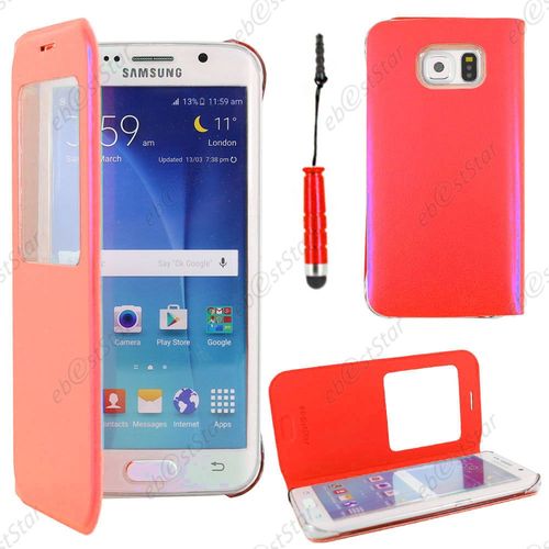 Ebeststar ® Pour Samsung Galaxy S6 Edge Sm-G925f G925 - Housse Coque Etui Style View Portefeuille + Mini Stylet, Couleur Rouge
