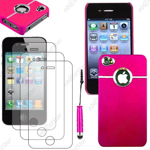 Ebeststar ® Pour Apple Iphone 4s, 4 - Housse Coque Rigide Silver-Line Chromé + Mini Stylet + 3 Film Écran, Couleur Rose