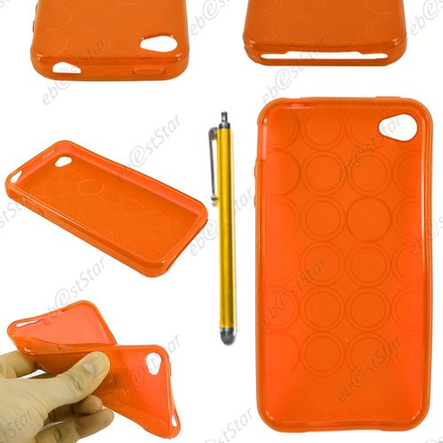 Ebeststar ® Pour Apple Iphone 4s, 4 - Housse Etui Coque Souple Silicone Gel Motif Cercle + Stylet, Couleur Orange