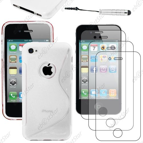 Ebeststar ® Pour Apple Iphone 4s, 4 - Housse Etui Coque Silicone Gel Motif S-Line Protection Souple + Mini Stylet + 3 Film Écran, Couleur Transparent