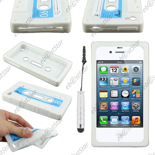 Ebeststar ® Pour Apple Iphone 4s, 4 - Housse Etui Coque Silicone Gel Motif Format Cassette + Mini Stylet, Couleur Blanc