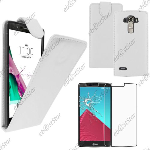Ebeststar ® Pour Lg G4 H815, G4 Dual-Lte - Housse Coque Etui Simili Cuir À Rabat Vertical + 1 Verre Trempé, Couleur Blanc