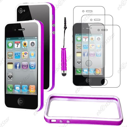 Ebeststar ® Pour Apple Iphone 4s, 4 - Housse Etui Coque Bumper De Protection + Mini Stylet + 3 Film Écran, Couleur Violet / Blanc