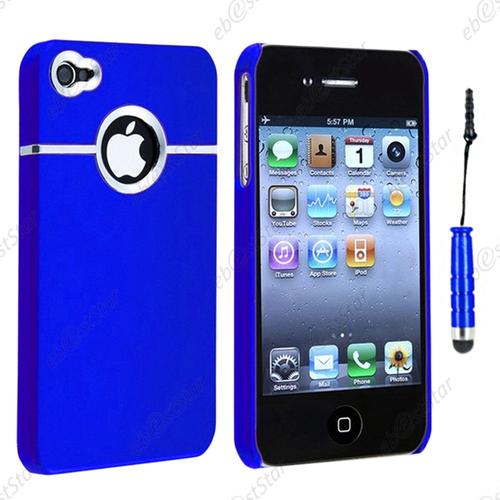 Ebeststar ® Pour Apple Iphone 4s, 4 - Housse Coque Rigide Silver-Line Chromé + Mini Stylet, Couleur Bleu