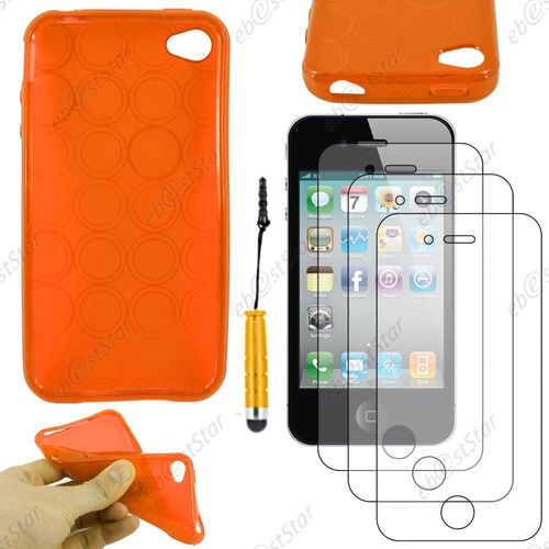 Ebeststar ® Pour Apple Iphone 4s, 4 - Housse Etui Coque Souple Silicone Gel Motif Cercle + Mini Stylet + 3 Film Écran, Couleur Orange