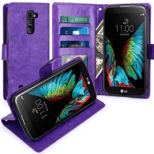 Lg K10 Housse  Coque Etui De Luxe Portefeuille Porte Carte Et Billet Pour Lg K10 - Housse Luxe Violet / Lg K10