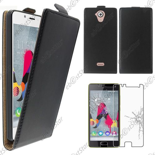 Ebeststar ® Pour Wiko U Feel Lite - Housse Coque Etui Simili Cuir À Rabat Vertical + Film Verre Trempé, Couleur Noir