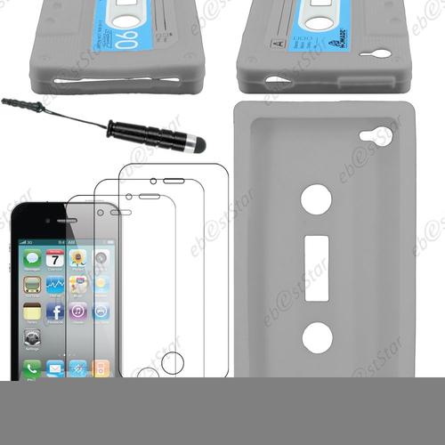 Ebeststar ® Pour Apple Iphone 4s, 4 - Housse Etui Coque Silicone Gel Motif Format Cassette + Mini Stylet + 3 Film Écran, Couleur Gris