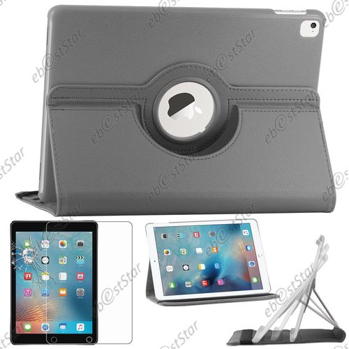 Ebeststar ® Pour Apple Ipad Pro 9.7 (2016), Wi-Fi, 3g, 4g, Lte - Housse Coque Etui Pu Cuir Rotatif Avec Support À Rotation 360° + 1 Verre Trempé, Couleur Gris