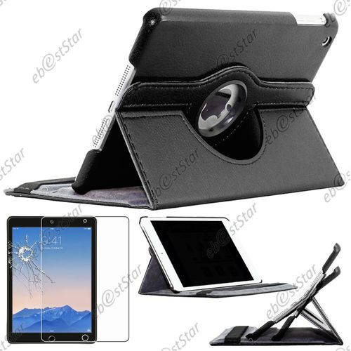 Ebeststar ® Pour Apple Ipad Mini 1 - Housse Coque Etui Pu Cuir Rotatif Avec Support À Rotation 360° + 1 Verre Trempé, Couleur Noir
