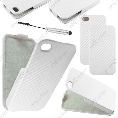 Ebeststar ® Pour Apple Iphone 4s, 4 - Housse Coque Etui À Rabat Revêtement Carbone + Mini Stylet, Couleur Blanc