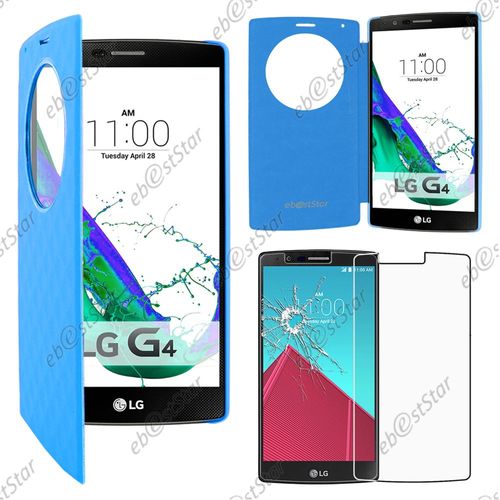 Ebeststar ® Pour Lg G4 H815, G4 Dual-Lte - Coque Etui Flip View Cover Housse Portefeuille Grande Fenêtre + 1 Verre Trempé, Couleur Bleu