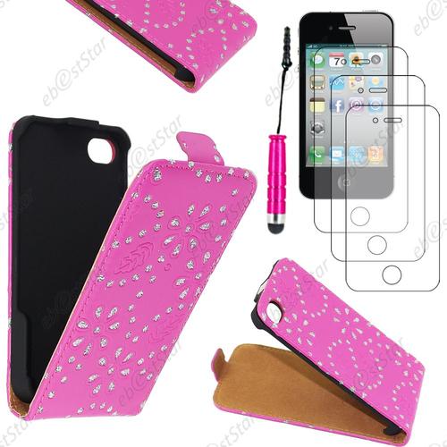 Ebeststar ® Pour Apple Iphone 4s, 4 - Housse Coque Etui En Pu Cuir À Rabat Ultra Fine (Slim Case) Avec Strass + Mini Stylet + 3 Film Écran, Couleur Rose