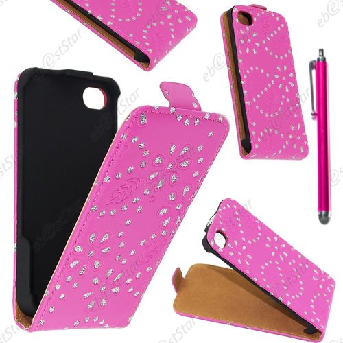 Ebeststar ® Pour Apple Iphone 4s, 4 - Housse Coque Etui En Pu Cuir À Rabat Ultra Fine (Slim Case) Avec Strass + Stylet, Couleur Rose