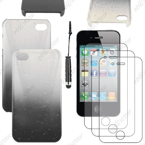 Ebeststar ® Pour Apple Iphone 4s, 4 - Etui Housse Coque Rigide Motif Gouttelettes + Mini Stylet + 3 Film Écran, Couleur Noir