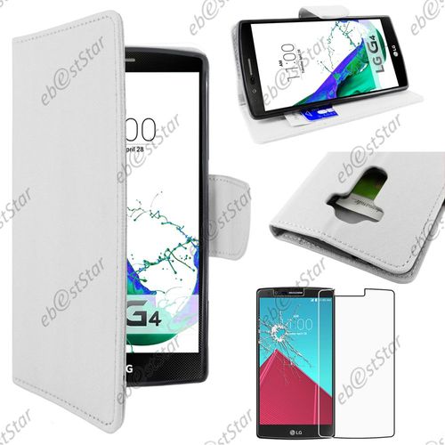 Ebeststar ® Pour Lg G4 H815, G4 Dual-Lte - Housse Coque Etui Portefeuille Support Folio Simi Cuir + 1 Verre Trempé, Couleur Blanc