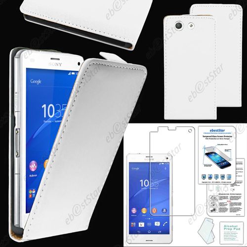 Ebeststar ® Pour Sony Xperia Z3 Compact - Housse Coque Etui En Pu Cuir À Rabat Ultra Fine (Slim Case) + 1 Verre Trempé, Couleur Blanc