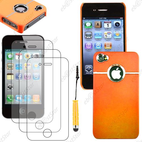 Ebeststar ® Pour Apple Iphone 4s, 4 - Housse Coque Rigide Silver-Line Chromé + Mini Stylet + 3 Film Écran, Couleur Orange