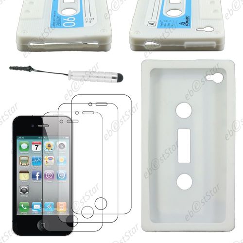Ebeststar ® Pour Apple Iphone 4s, 4 - Housse Etui Coque Silicone Gel Motif Format Cassette + Mini Stylet + 3 Film Écran, Couleur Blanc