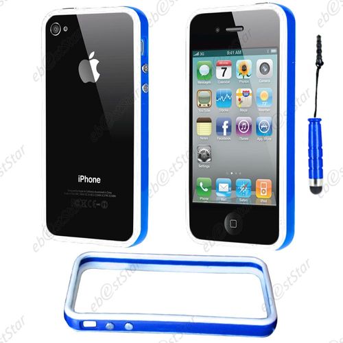 Ebeststar ® Pour Apple Iphone 4s, 4 - Housse Etui Coque Bumper De Protection + Mini Stylet, Couleur Bleu / Blanc