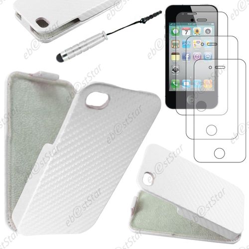 Ebeststar ® Pour Apple Iphone 4s, 4 - Housse Coque Etui À Rabat Revêtement Carbone + Mini Stylet + 3 Film Écran, Couleur Blanc