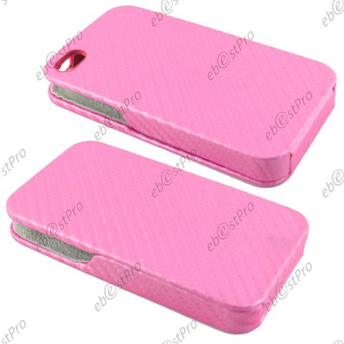 Ebeststar ® 1 Verre Trempé + Coque Housse Etui Rabattable À Clapet Simili Cuir Carbone Pour Apple Iphone 4s, 4, Couleur Rose