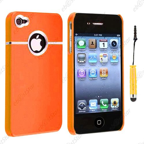 Ebeststar ® Pour Apple Iphone 4s, 4 - Housse Coque Rigide Silver-Line Chromé + Mini Stylet, Couleur Orange