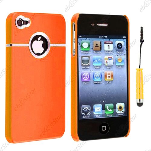 Ebeststar ® Pour Apple Iphone 4s, 4 - Housse Coque Rigide Silver-Line Chromé + Mini Stylet, Couleur Orange