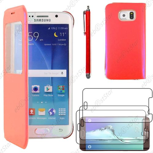 Ebeststar ® Pour Samsung Galaxy S6 Edge Sm-G925f G925 - Housse Coque Etui Style View Portefeuille + Stylet + 3 Film Écran, Couleur Rouge