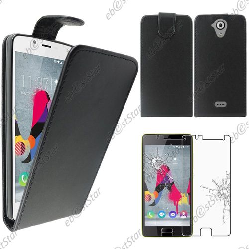 Ebeststar ® Pour Wiko U Feel Lite - Housse Coque Etui En Pu Cuir À Rabat Ultra Fine (Slim Case) + Film Verre Trempé, Couleur Noir
