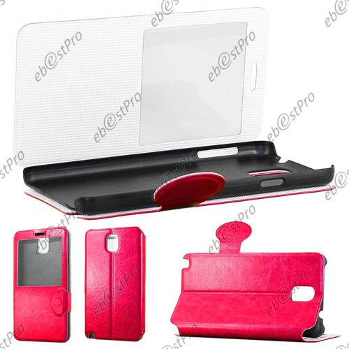 Ebeststar ® Pour Samsung Galaxy Note 3 Gt-N9000, N9002, N9005 - Coque Etui Flip View Cover Housse Portefeuille Grande Fenêtre + Film, Couleur Rose