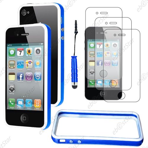 Ebeststar ® Pour Apple Iphone 4s, 4 - Housse Etui Coque Bumper De Protection + Mini Stylet + 3 Film Écran, Couleur Bleu / Blanc