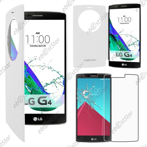 Ebeststar ® Pour Lg G4 H815, G4 Dual-Lte - Coque Etui Flip View Cover Housse Portefeuille Grande Fenêtre + 1 Verre Trempé, Couleur Blanc