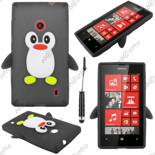 Ebeststar ® Pour Nokia Lumia 520 - Etui Housse Coque Pingouin Silicone Souple Design Fun + Mini Stylet, Couleur Noir