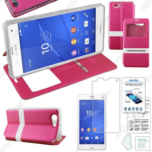 Ebeststar ® Pour Sony Xperia Z3 Compact - Housse Coque Etui Smart View Cover Type S-View Portefeuille Livre + 1 Verre Trempé, Couleur Rose