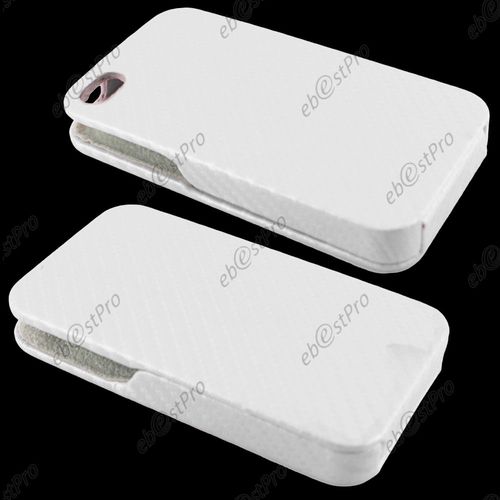 Ebeststar ® 1 Verre Trempé + Coque Housse Etui Rabattable À Clapet Simili Cuir Carbone Pour Apple Iphone 4s, 4, Couleur Blanc